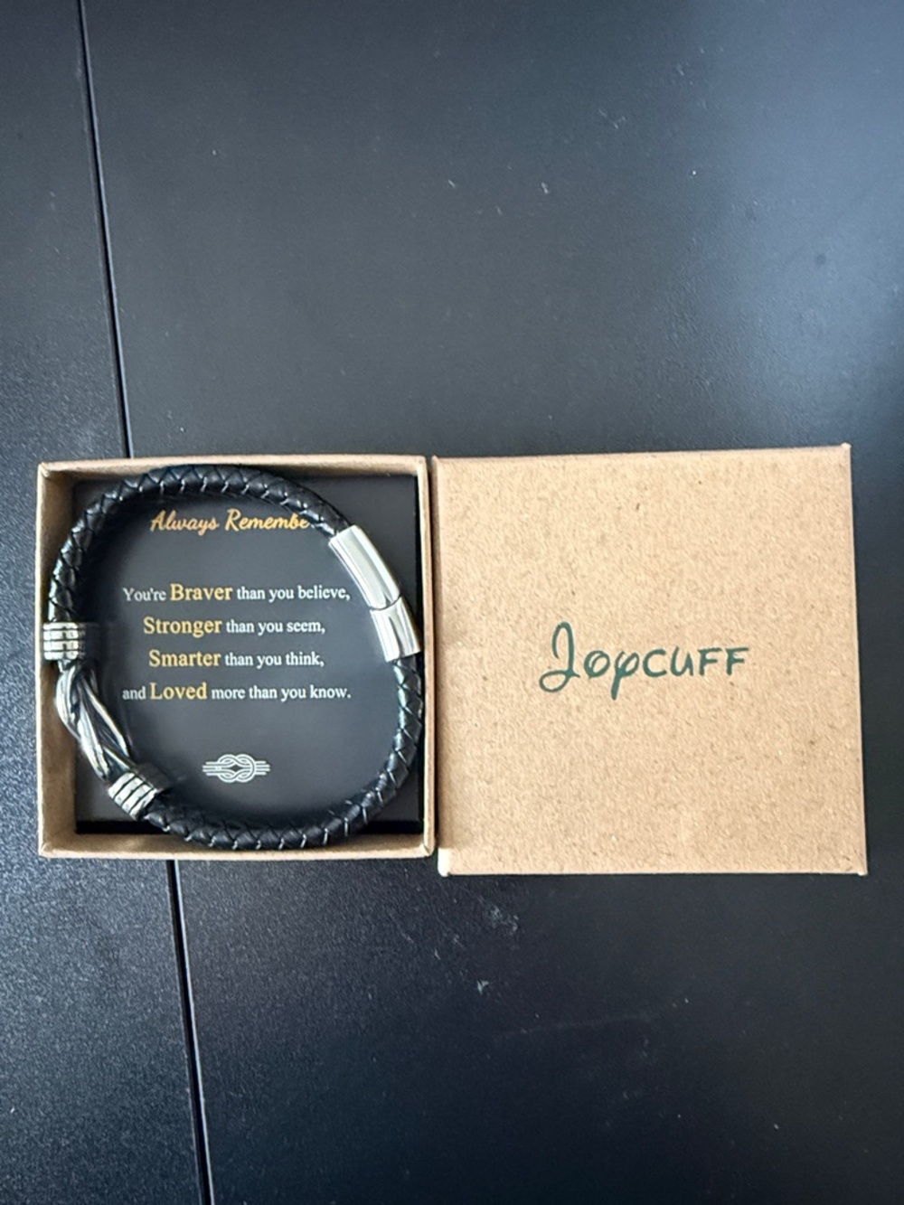Joycuff Black Braided Leather Men's Bracelet with Silver Accents